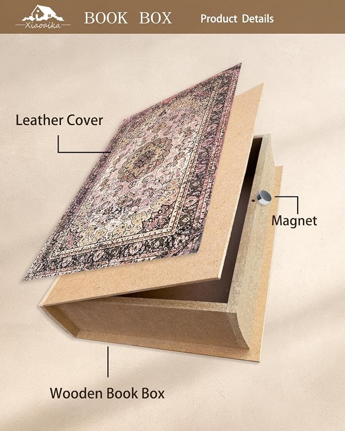 Decorative Wooden Book Box - Vintage Faux Book Boxes for Home Decor, Secret Storage with Magnetic Closure, Antique Style, Persian Rug Pattern Leather Cover, Perfect for Home Office Bookshelf, 10x7x1.6