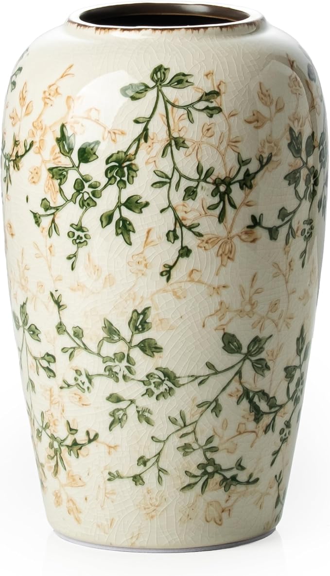 Ceramic Flower Vase for Home Decor, Vintage Green Decorative Vase 8.5 Inch | Rustic Farmhouse Floral Vase for Living Room, Mantel, Coffee Table, Kitchen, Bookshelf, Entryway, Wedding Centerpiece