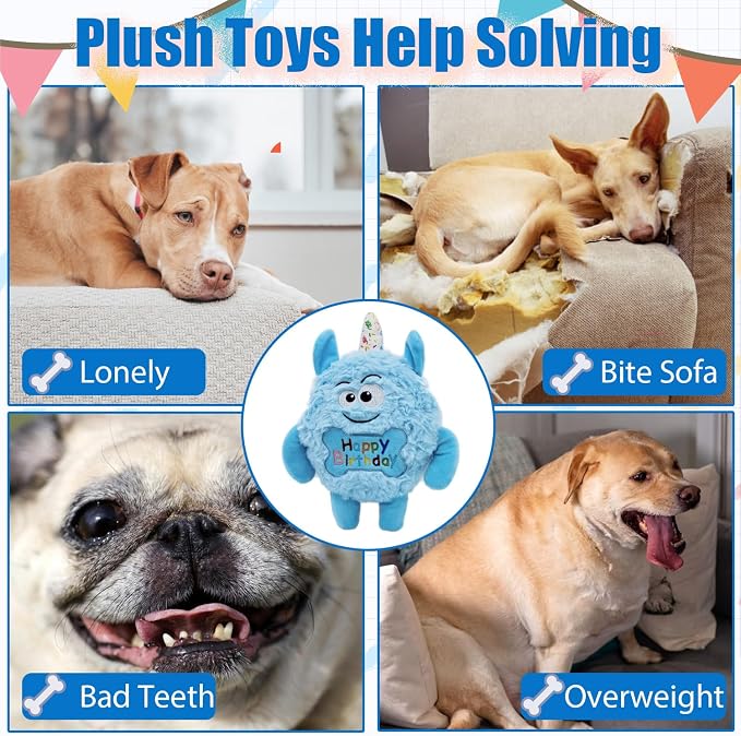 Monster Dog Birthday Toy for Gifts, Stuffed Dog Plush Toy, Blue | Crinkle Squeaky, Soft Lightweight Toy for Fetch and Chew, Interactive Outdoor Indoor Play for Tug, For Puppy Small Medium Dog