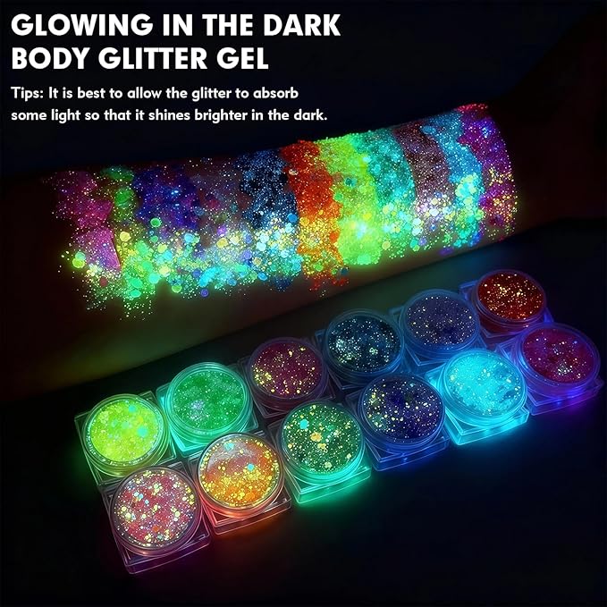 12 Colors Glow in The Dark Glitter Gel,Makeup Chunky Fine Glitter for Women, UV Black Light Body/Face/Hair/Eyeshadow for Halloween Makeup Raves Festivals