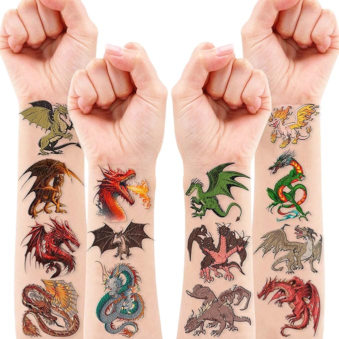96PCS Dragon Pre-cut Temporary Tattoos Birthday Party Supplies Favors Decorations Knight Dragon Super Cute Fake Tattoos Stickers for Kids Boys Girls School Classroom Rewards Gifts Ideal Halloween