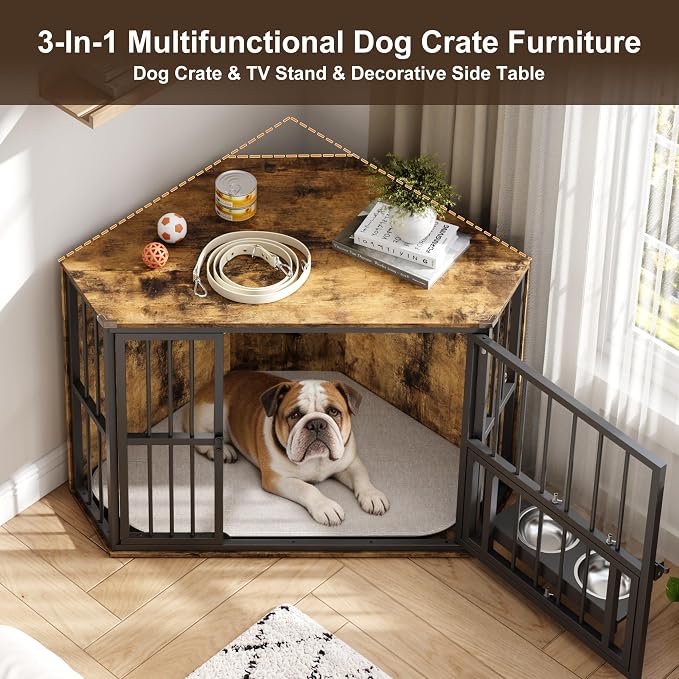 Corner Dog Crate Furniture for Small Dogs, Indoor Kennel End Table, Brown