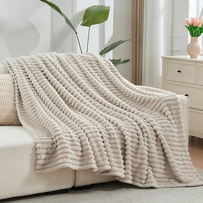 NEWCOSPLAY Fleece Ribbed Cozy Queen Blanket for Couch, Linen, 90"x90" | Premium Silky Flannel Blanket, Soft Lightweight Fluffy Throw Blanket for Bed Sofa Decor, Gift for All Season Use