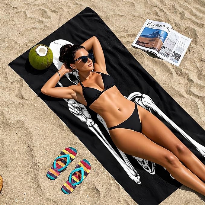 ALAZA Skeleton Yes Gesture Beach Towel, Absorbent Quick Dry Swimming Yoga Beach Towels, Large Sand Free Microfiber Beach Towel for Women, Men, Kids