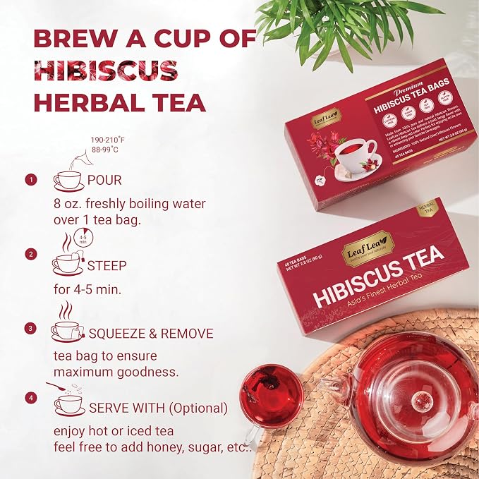 LeafLea Hibiscus Tea Bags, 100% Natural Flower, 160 Count | Te De Hibisco, Jamaica Tea, Individually Wrapped, Caffeine-Free, Sugar-Free, Gluten-Free, Non-GMO, Pack Of 4