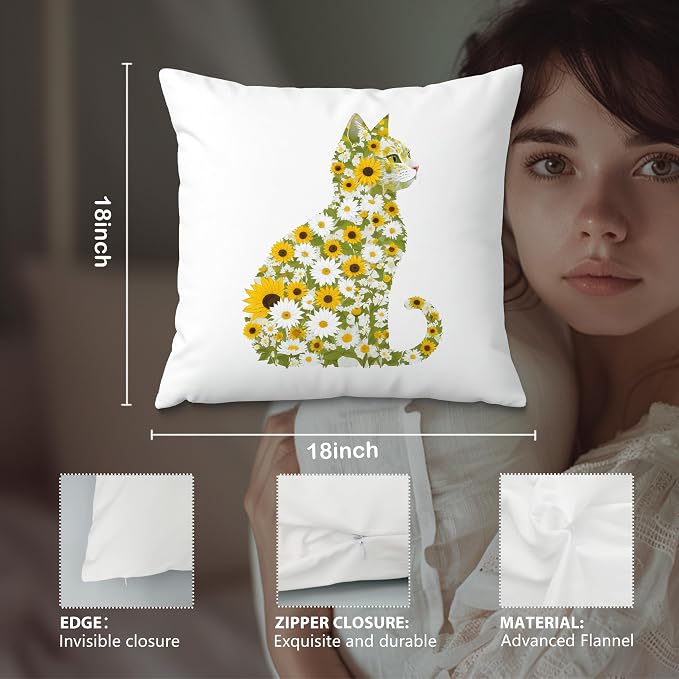 Daisy Floral Cat Pillow Covers 18x18, Gifts for Cat Lovers Mom Lady Owners, Elegant Kitten Kitty Decorative Pillow Covers for Home Bedroom Living Room Decor, Pet Lover Gifts