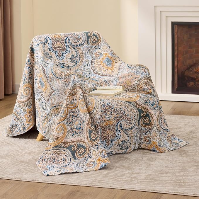 100% Cotton Boho Throw Blanket for Home Decor – Classic Farmhouse Quilt Bedding, Muslin Blankets for Adults, Vintage Woven Decorative Blanket for Couch, Bed Layering Use, Paisley Pattern, 50"x60"