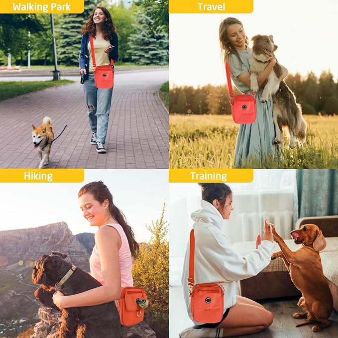 Dog Walking Bag Crossbody Waterproof & Lightweight Treat Pouch for Pet Training, Puppy Treat Tote, Dog Mom Purse (Orange 1.0)
