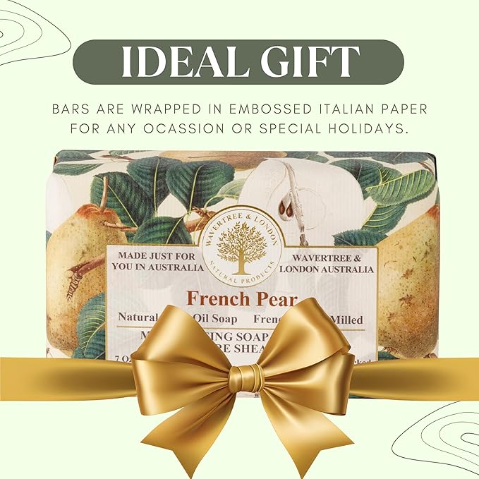 Wavertree & London French Pear Scented Natural Soap (8 Bars), 7oz Moisturizing French Triple Milled Soap Bars enriched with shea butter - Pure Plant Oil Bath & Body Bars for All Skin Types