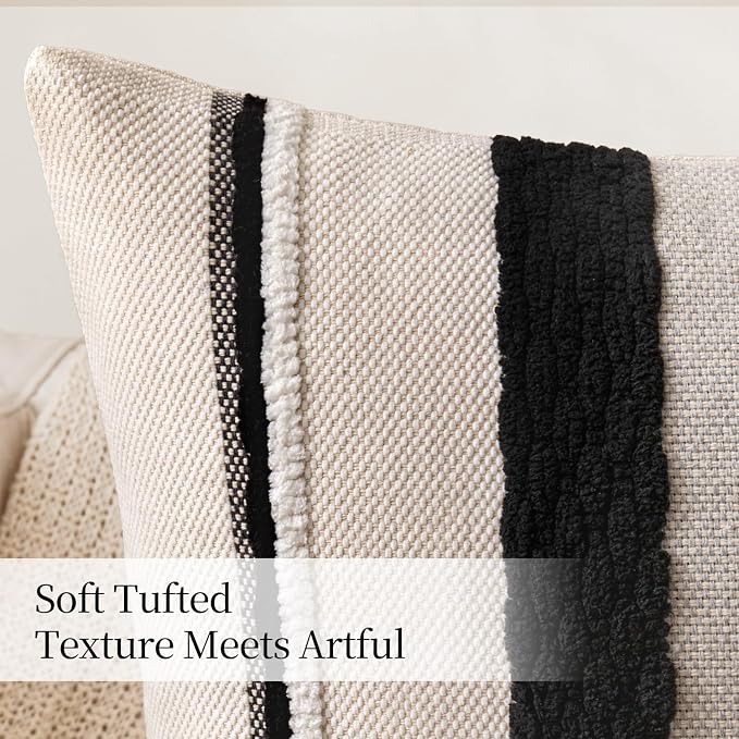 ANRODUO Boho Decorative Pillow Covers 18x18 Pack of 2 Black-White Stripe 2 | Throw Pillow Covers, Farmhouse Cushion Case, Chenille Pillow Cases, Pillow Covers, Neutral Pillowcase for Sofa Couch Bed