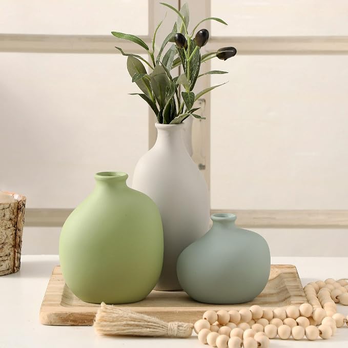 Small Ceramic Vase Set of 3, Modern Neutral Decorative Pottery Vases | Three different shapes with soft matte colors, perfect for shelves, tables, dried flowers and home styling.