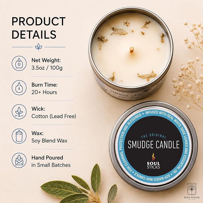 SOUL STICKS Smudge Candle for Cleansing House, Meditation, Chakra Healing, Aromatherapy | 3.5 Ounce Smudge Candle for Spiritual Cleansing (White Sage)