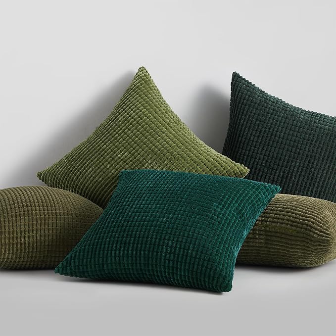 Topfinel Fall Pillow Covers Set of 4 Soft Corduroy Boho Strip Textured Green Pillow Covers Modern Farmhouse Cute Autumn Home Decor Green Living Room Sofa Couch Bed 55x55 cm