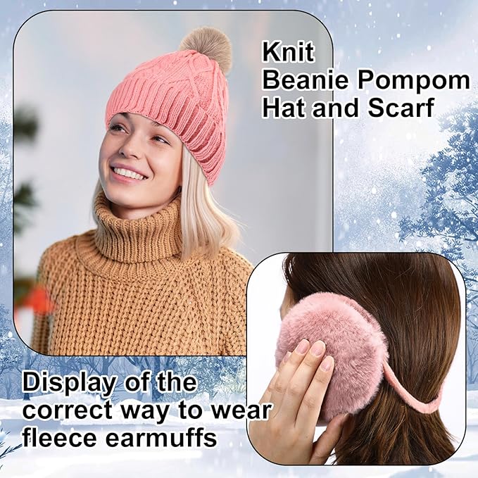SATINIOR 5 Pcs Winter Hat Scarf Gloves Set Fleece Warm Lined Knit Beanie Hat Touch Screen Earmuff Gloves Warmer for Women(Pink,Rhombus Pattern)