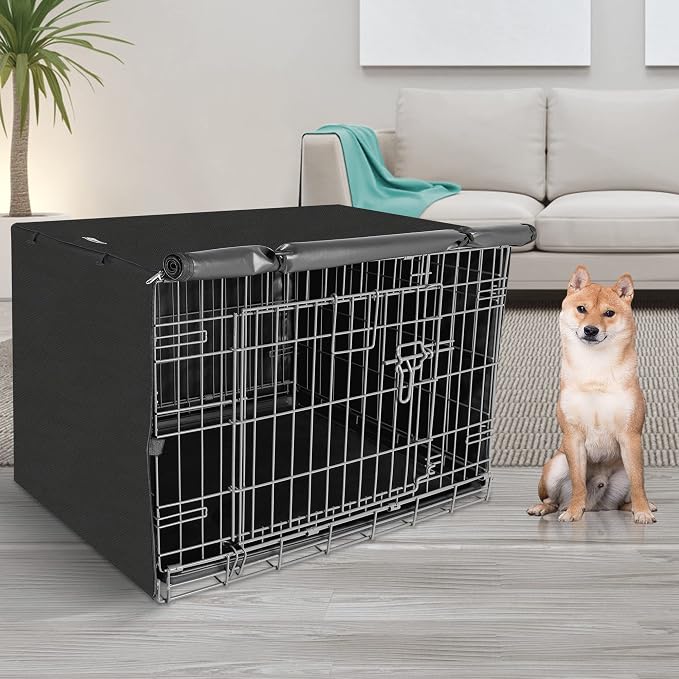 Seiyierr Dog Crate Cover for 42" Large Wire Dogs Cage, Puppy Kennel with Double Door, Lightweight 600D Polyester Windproof Pet Crates Covers, Machine Wash & Dry, Black
