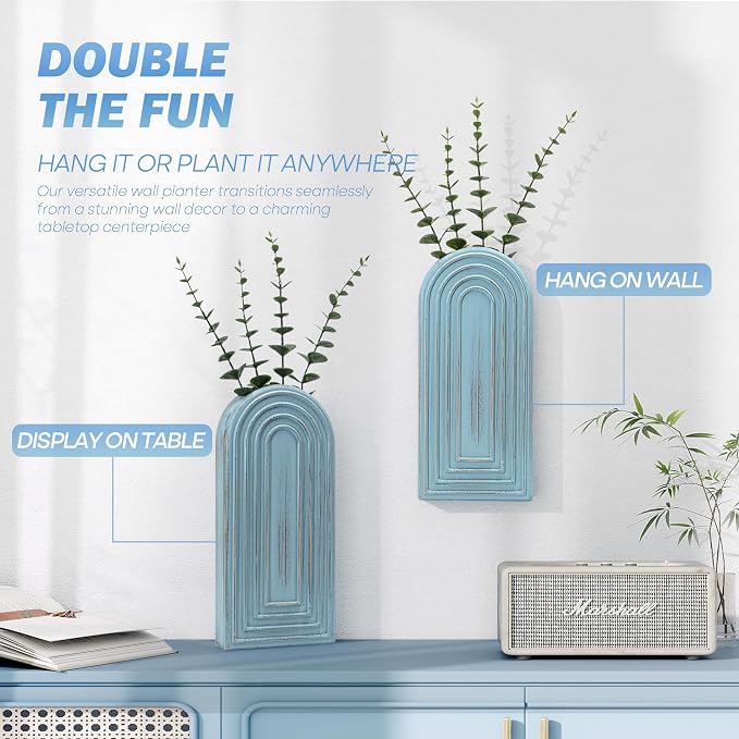 EOSAHR Wall Vase: Wall Planter for Fake Flowers for Living Room Decor, Blue | 2Pcs, Pine Wood, Wood Vase for Wall Decor, Wall Art for Kitchen, Ideal for Apartment, Boho Bathroom Set for Home Decor