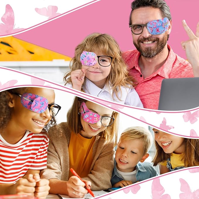 Newcotte 12 Pcs Eye Patch for Kids Toddler Reusable Adjustable Girls Boys Eyepatch for Glasses Left or Right Eye Patch, Assorted Patterns(Butterfly)