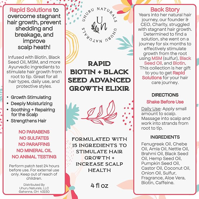 Uhuru Naturals Rapid Biotin Hair Growth Oil – Black Seed, Fenugreek, Onion, Sulfur & Castor – Revitalize, Strengthen & Nourish Hair (4 oz)”