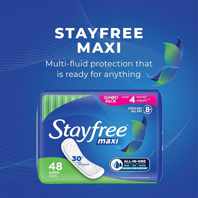 Stayfree Maxi Pads, 144 Count, Extra Heavy Absorbency, Wingless | Super Long | Unscented | Disposable