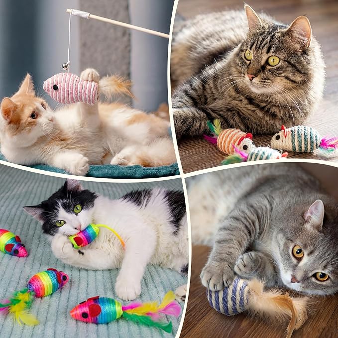 Leitee 20 Pcs Interactive Cat Toys for for Indoor Cats Set, Wooden Cat Wand Toywith Bells Feather Handle Chew Rope Mouse Sisal Balls Kitty Toys for Play Chase Exercise (Colorful)