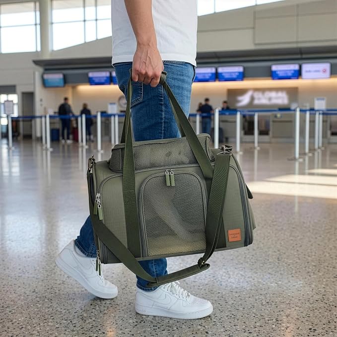 Airline-Approved Pet Carrier with Expandable Pop-Up Mesh Window, Waterproof Bottom & Plush Washable Pad (Moss Green)