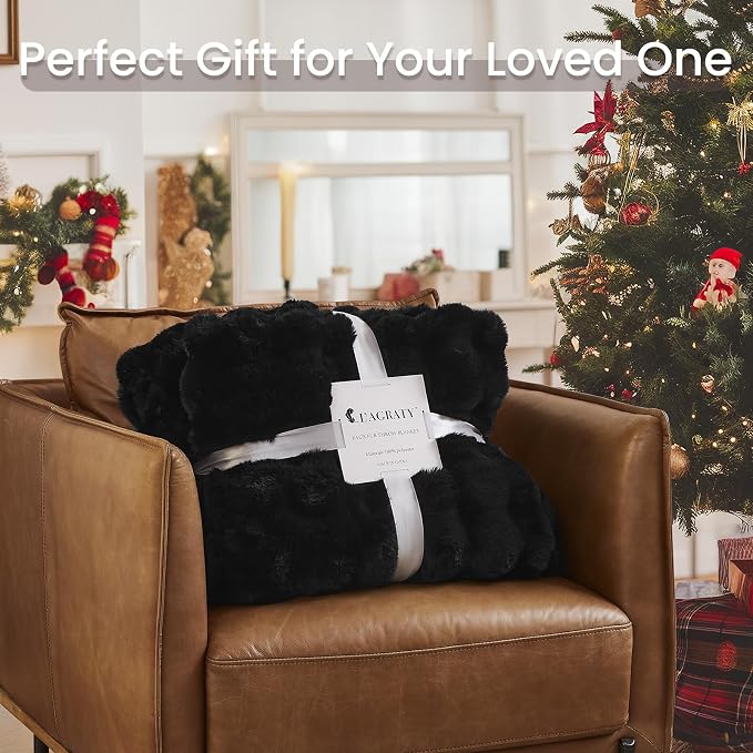 L'AGRATY Faux Rabbit Fur Throw Blanket for Couch, 50'' x 60'', Black | Soft Cozy Bubble Fluffy Blanket for Sofa Bed, Thick Warm Plush Fuzzy Throw for Room Home Decor, Luxury Gift for Women Mom