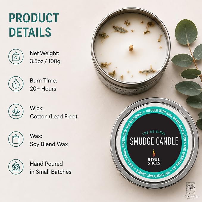 SOUL STICKS Smudge Candle for Cleansing House, Meditation, Chakra Healing, Aromatherapy | 3.5 Ounce Smudge Candle for Spiritual Cleansing (White Sage & Eucalyptus)