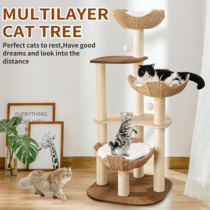 SHODMI 54-Inch Modern Cat Tree Tower, 3 Flower Basket Beds for Indoor Cats | White cloud mat, 5-level multi-cat design, 8 cm thick sisal posts, stable base, interchangeable cooling and plush mats