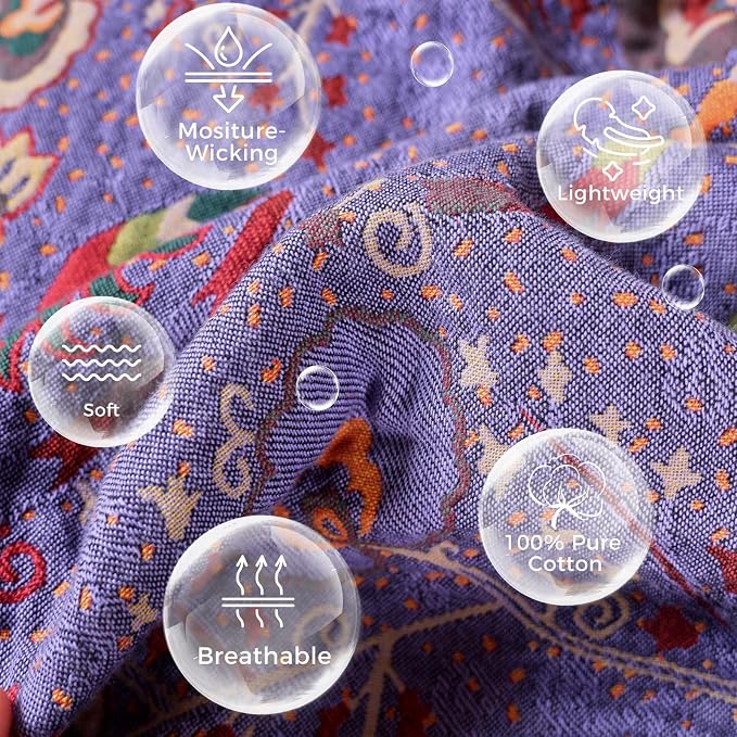 LUTBM Boho Throw Blanket for Bed 60"x80", 100% Cotton Purple Couch Blankets | Reversible Floral Embroidery, All-Season Soft Quilt, For Chair Sofa Living Room, Lightweight Breathable Gauze, Home Decor