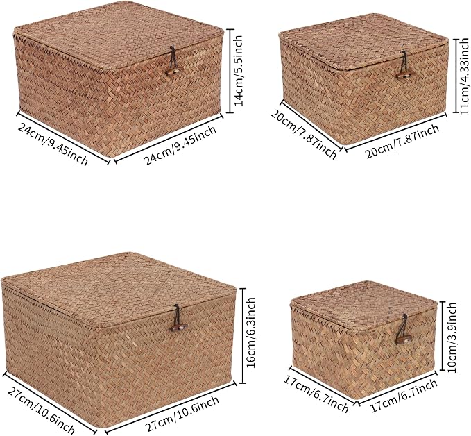 Moosky Wicker Shelf Baskets with Lid, Handwoven Seagrass Storage Basket Bins Square Gift Boxes for Shelves Home Decor Organizer (Coffee, Set of 4)