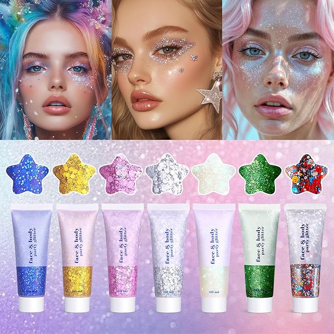 Body Glitter Gel - Christmas Gifts for Kids and Women, Sparkly Chunky Glitter Hair, Singer Concert Festival Rave Accessories (Mermaid Glitter)