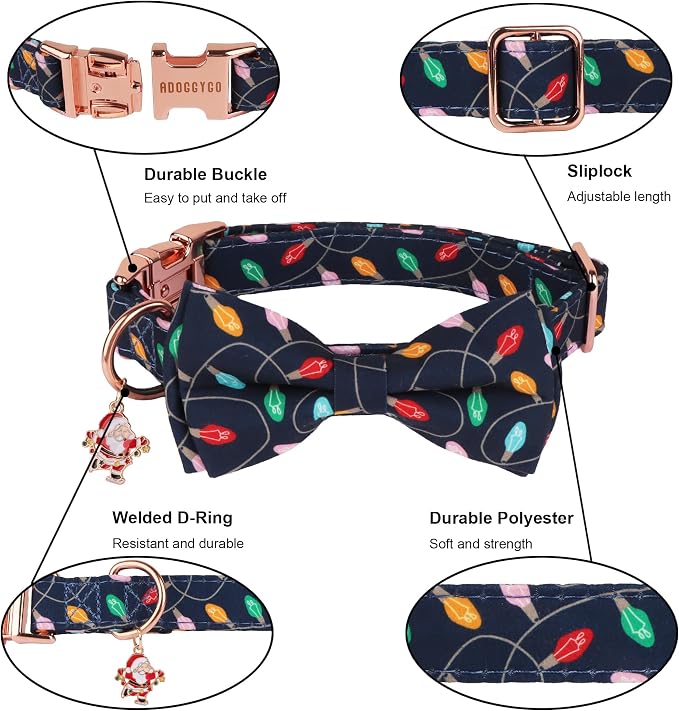 ADOGGYGO Christmas Dog Collars with Bow, Detachable Xmas Light Print Bowtie, Metal Buckle, Adjustable Christmas Collars for Small Dogs Boy Girl (Small)