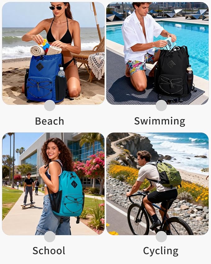 WANDF Drawstring Backpack with Removable Wet Pocket, Sandproof Beach Backpack with Bottom Compression Strap for Beach Mat, Swim Bag for Pool, Gym, Travel and Workout Gear (Teal)