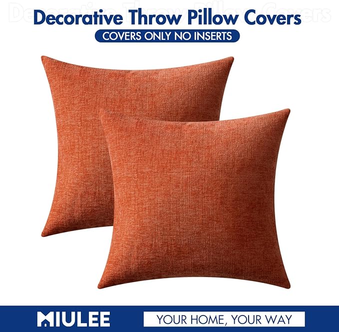MIULEE Soft Chenille Fall Throw Pillow Covers Rust 20x20 Inch Pack of 2 | Modern Fall Home Decor, Classic Decorative Pillows, Solid Dyed Cases, Boho Couch Cushion Covers for Sofa Bed Living Room