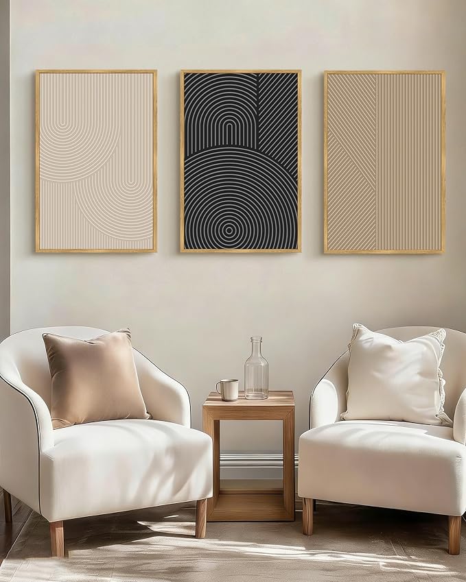 Drsoum Mid-Century Modern Framed Wall Art Large 24x36in Minimalist Abstract Boho Neutral Line Wall Decor Geometric Artwork Kitchen Dining Room Natural Framed