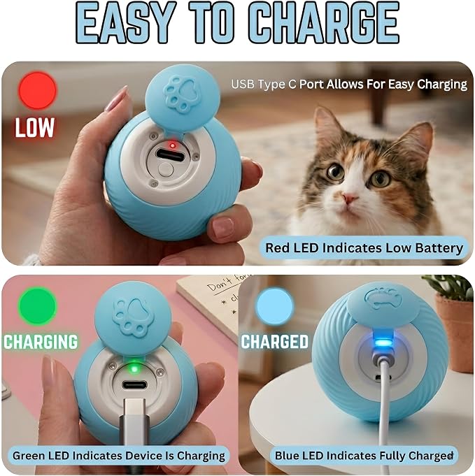 Interactive Cat Toy Ball - Automatic Interactive Cat Toys for Indoor Cats, Rechargeable Cat Enrichment Toys for Small/Medium/Large Cats to Keep Them Busy
