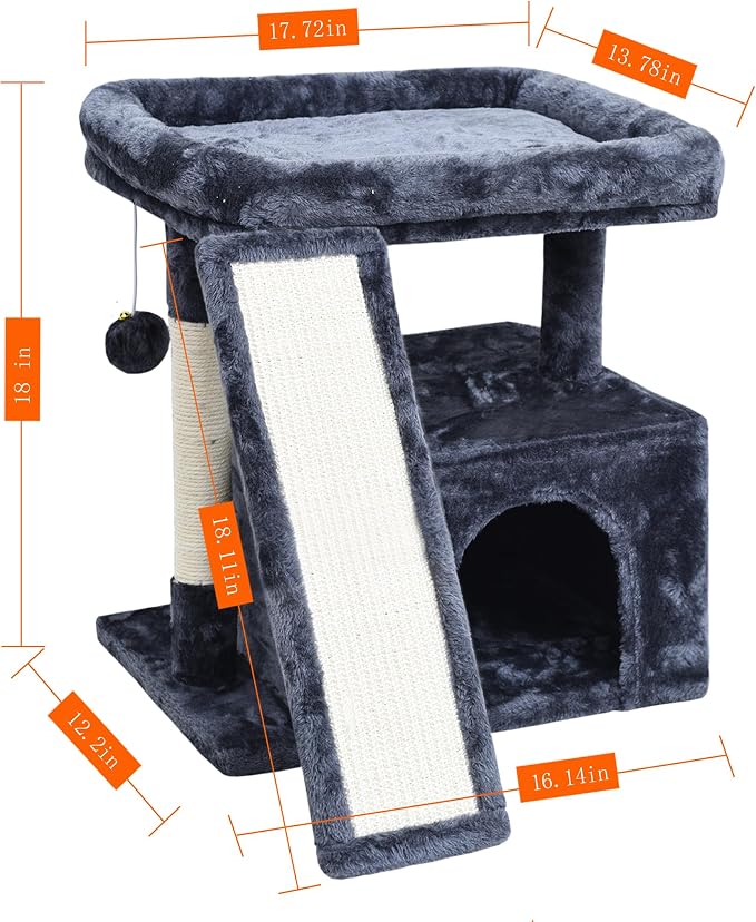 Small Cat Tree Tower for Indoor Use – Stable Condo with Scratching Post, Perch, Board, and Hideout for Kittens(Smoky Grey)