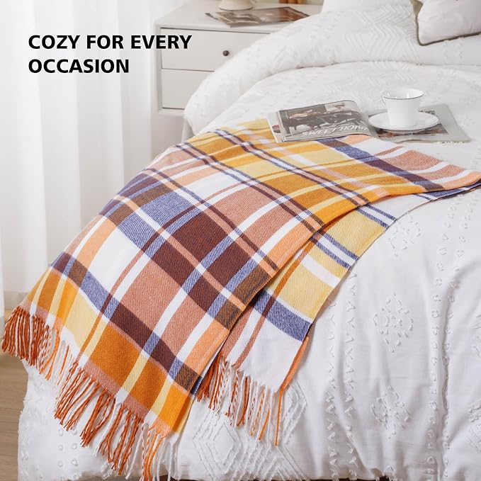 Fall Plaid Throw Blanket for Couch Bed, Mustard Throw Blanket, Fall Decor | 50x60in, Orange Fall Blanket, Woven Throw with Tassels, Buffalo Checkered Plaid Blankets and Throws Farmhouse Style for Home