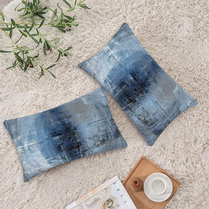 Blue and Grey Abstract Art Artwork Pillow Cover, Gallery Modern Decorative Throw Pillows Cushion Cover for Bedroom Sofa Living Room 12 x 20 Inch Set of 2