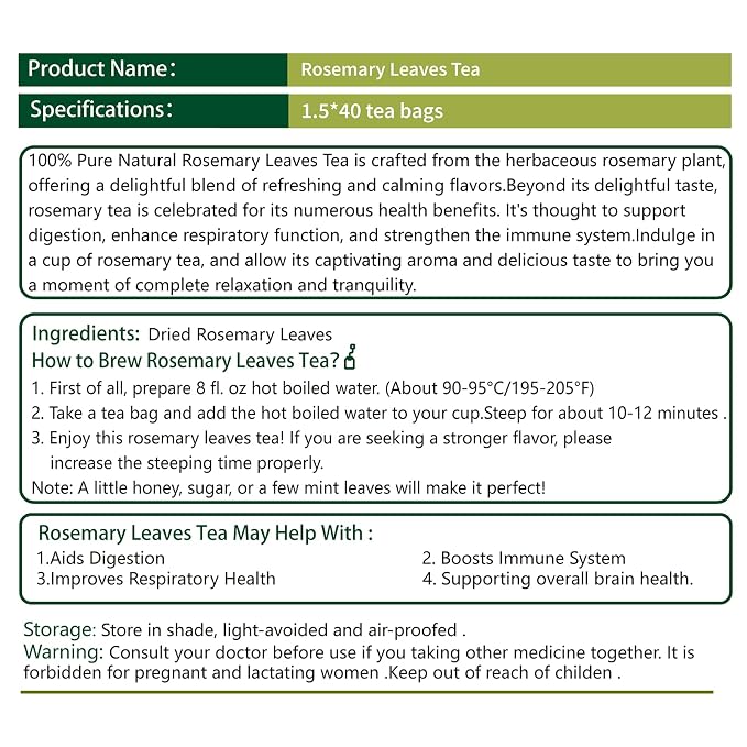 Samcci - Rosemary Tea, 40 Teabags, 1.5g/bag - Pure Dried Rosemary Leaves Tea Bags- Cultivated From Egypt - Non-GMO - Caffeine-free - Support Respiratory Health & Support Hair Growth