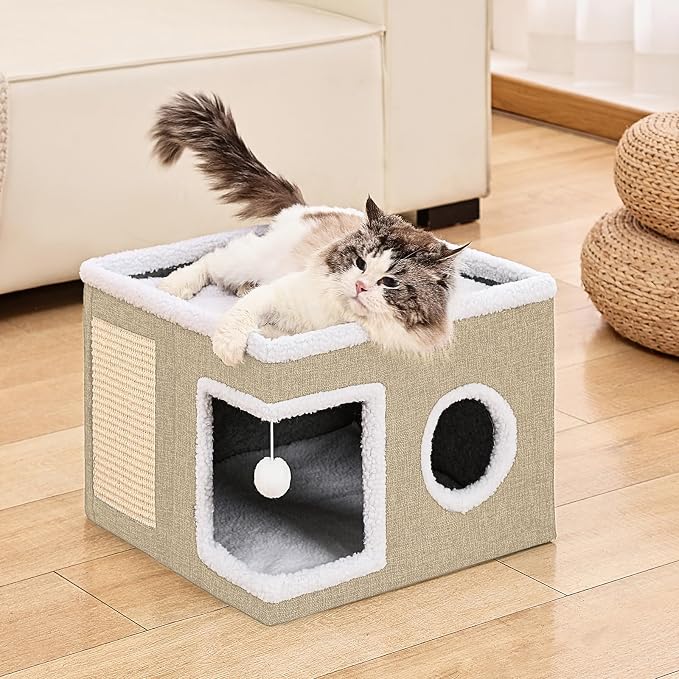 Large Cat Houses for Indoor Cats with Fluffy Ball and Scratch Pad | Foldable Cat Bed Cave for Multiple Pets, Kitten Bed for All Seasons, Non-slip, Hold Up to 30LBS, 16x16x13inch, Khaki
