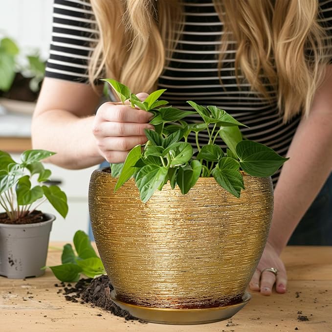 Ceramicfor Ceramic Plant Pot 8 Inch - Planter for Outdoor Plants Indoor Plant Pot with Drainage Hole and Saucer Decorative Round Planter Modern Flower Pot for House Decor Gold