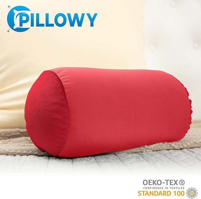 PILLOWY Microbead Bolster Neck Roll Pillow, Gently On Body, Head, Neck & Shoulders No Pain Rest, Relax Sleep - Silky Feel Prevent Wrinkles & Hair Breakage - Lightweight Cylinder, 14" x 8", Deep Red