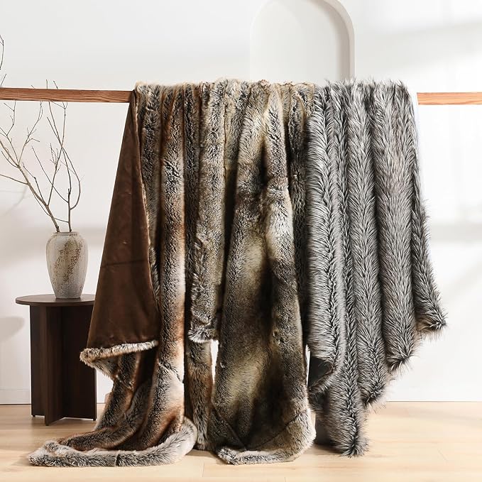 HORIMOTE HOME Luxury Plush Faux Fur Throw Blanket, Long Pile Grey with Black Tipped Blanket, Super Warm, Fuzzy, Elegant, Fluffy Decoration Blanket for Couch, Armchair, Sofa and Bed, 50''x 60''