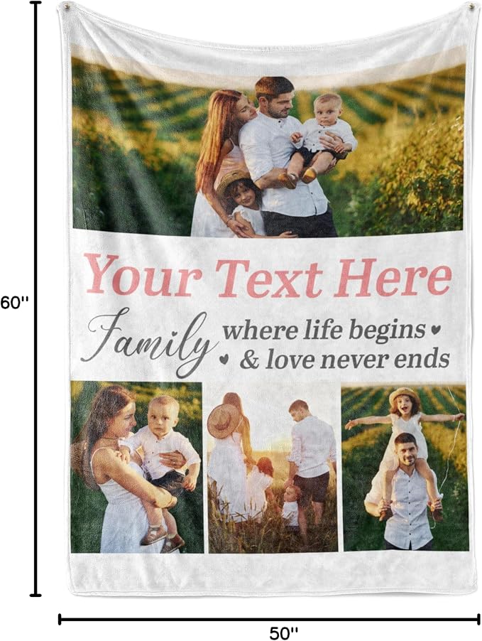 Personalized Photo & Text Blanket, Custom Picture Fleece Throw (4-Pic) | Printed in USA, ships next day, add 1-9 photos & custom text, fleece or sherpa, family keepsake gift, cozy home decor