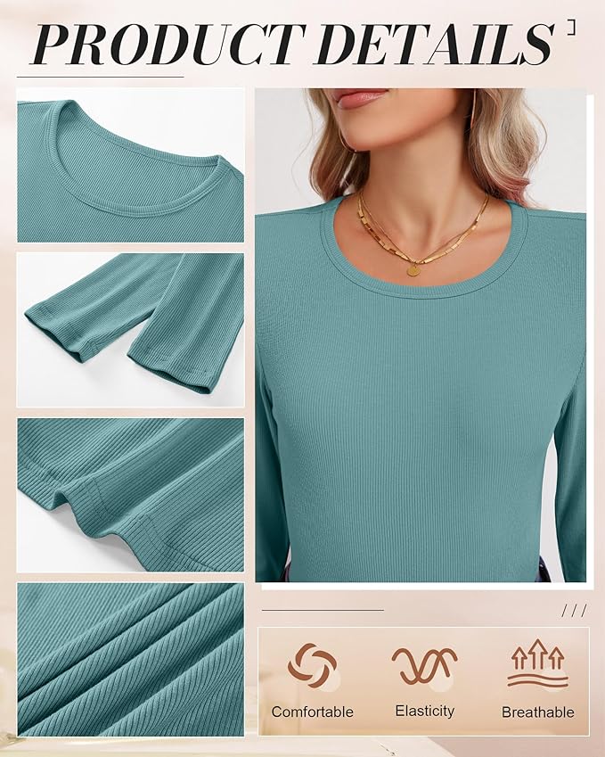 Ficerd 3 Pack Women's Ribbed Long Sleeve Tops, Crew Neck Slim Fit Undershirts Knit Basic Casual Stretch Layering Tee Shirts