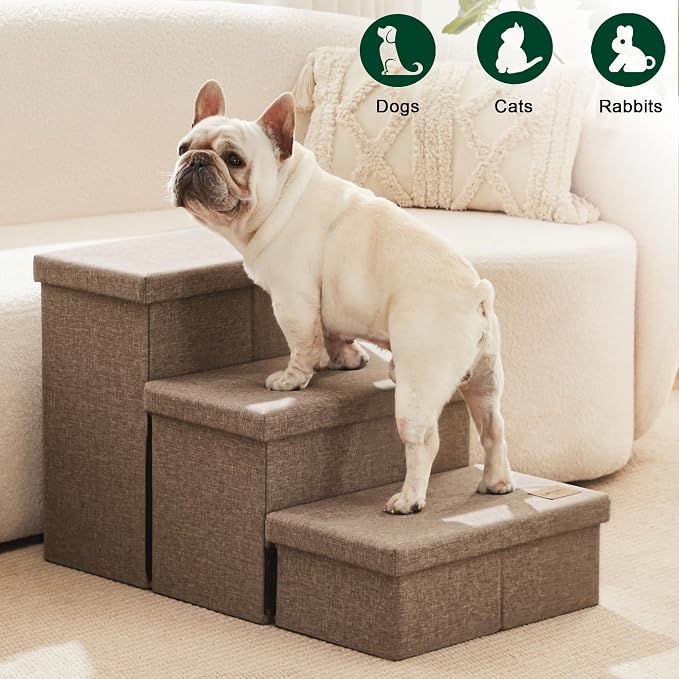 Love's cabin Dog Stairs for High Bed, Foldable Pet Stairs for Small Medium or Large Dogs Puppy with Storage for Bed or Couch, Cat Dog Steps Ramp with Zip up to 200 lbs, Light Brown, 3 Steps