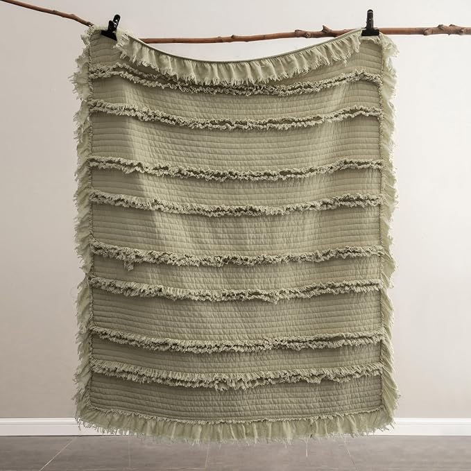 Ultra Soft Pre-Washed Quilted Boho Sage Green Twin Size Blankets for Bed, Olive Green Ruffle Fringed Decorative Throw, Stone Washed Chic Rustic Blanket for Sofa Couch Bed, 60"*80"