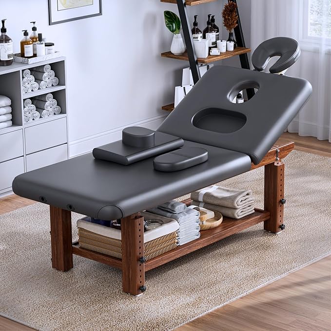 Olela Wood Adjustable Massage Table, Stationary Massage Tables with Adjustable Height Legs & Storage, Esthetician Bed with C-Shaped Pillow & PU Leather for Spa, Massage, Physical Therapy, Treatment