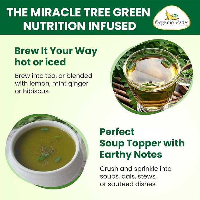 Organic Veda Moringa Tea Leaves - True Green Rich, Premium Single Origin,100% Organic Moringa Oleifera Loose Leaf Tea, Baking, Soup Powder, Caffeine-Free, Vegan, Non-GMO- 7oz
